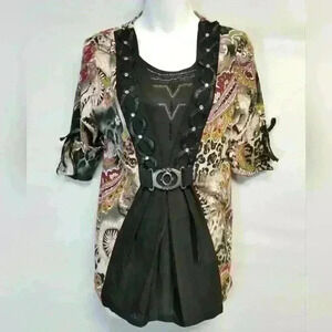 Women's Appointments Victorian Waist Cinching Black Multi Blouse Sz M